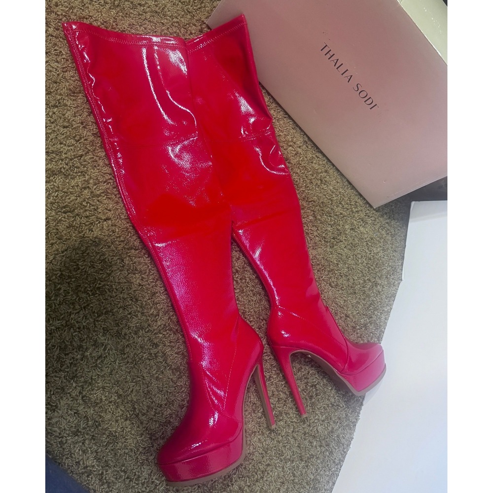 Thalia Sodi Silena Red Patent Thigh High Platform Boots Stiletto Heel 6M Baddie